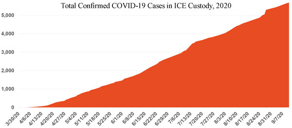 Shaded  line graph showing steady upward trajectory of number of COVID-19 cases total in ICE detention from March to September 2020