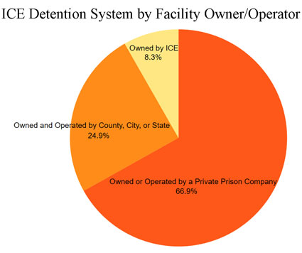 Pie graph showing breakdown of ICE detention facilities owned and/or operated by private companies