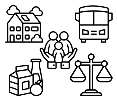 Illustrations of a house, bus, food, and justice scales. In the center of these images is an illustration of a family held in the palms of two hands.