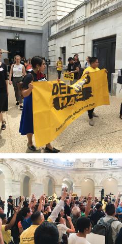 Two photos of groups of activists at a Defund Hate campaign rally inside and outside the U.S. Capitol in June 2019