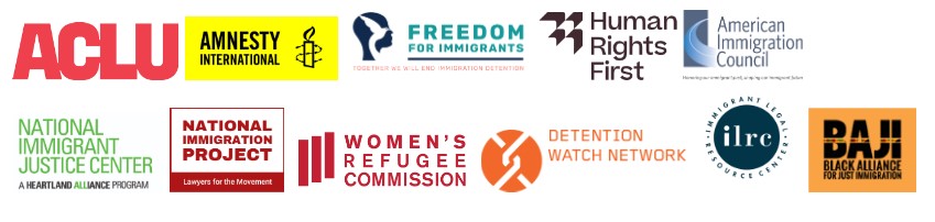 Image of logos for 11 of the 233 organizations who signed a joint letter to Biden against detention expansion when Title 42 expulsions end