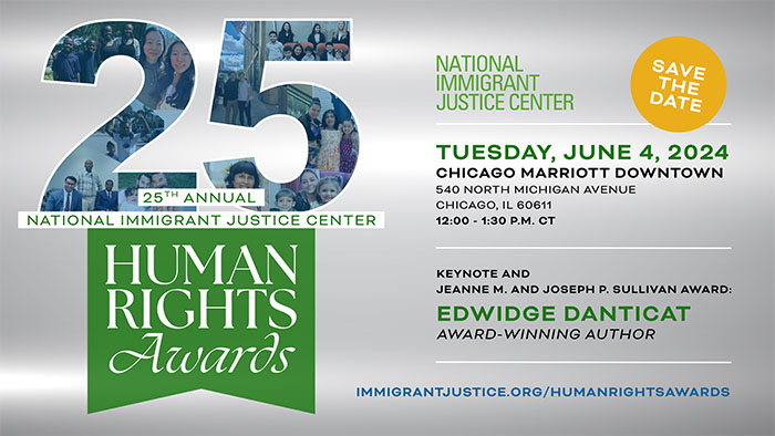 25th Annual National Immigrant Justice Center Human Rights Awards. A collage of pictures of smiling people and families are nestled inside a big number 