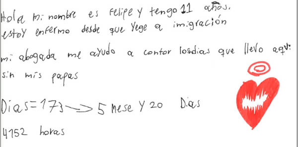 Excerpt from a hand-written letter by Felipe, asking to be reunited with his parents
