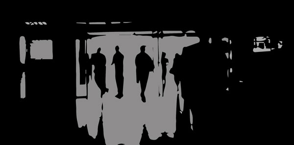 Black and gray image of abstract silhouettes of people standing in a hallway, backlit by an open door