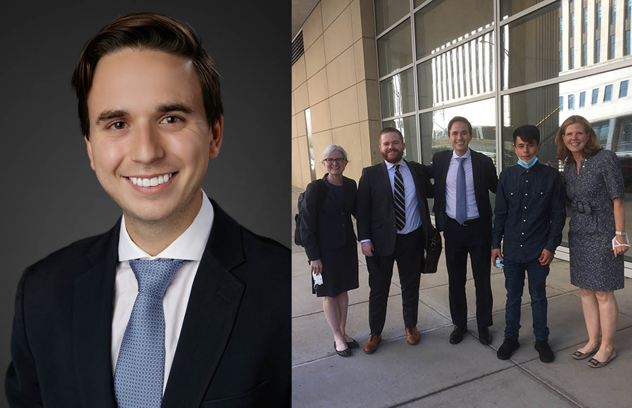 Headshot of Bernardo Lopez. Bernardo and a team of lawyers smiling with their client outside of immigration court after winning their case.