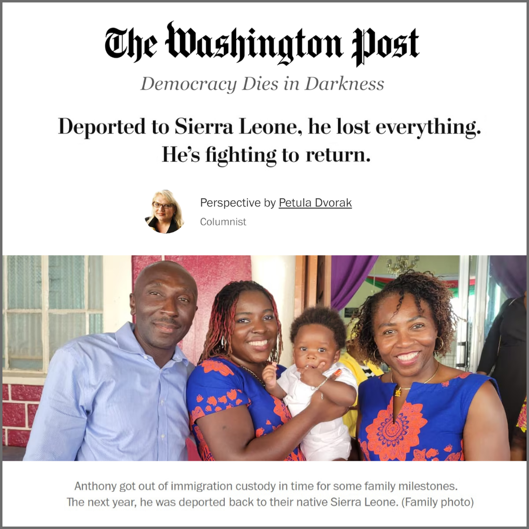 Screenshot image of the Washington Post banner, headline, and lead photo from a story featuring Chance to Come Home spokesperson Samuel Anthony. The image, which predates Samuel's deportation, shows Samuel and some family members together and smiling at the camera.
