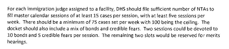 For each immigration judge assigned to a facility, DNS should file sufficient number of NTAs to fill master calendar sessions of at least 15 cases per session, with at least five sessions per  week. There should be a minimum of 75 cases set per week with 100 being the ceiling. 