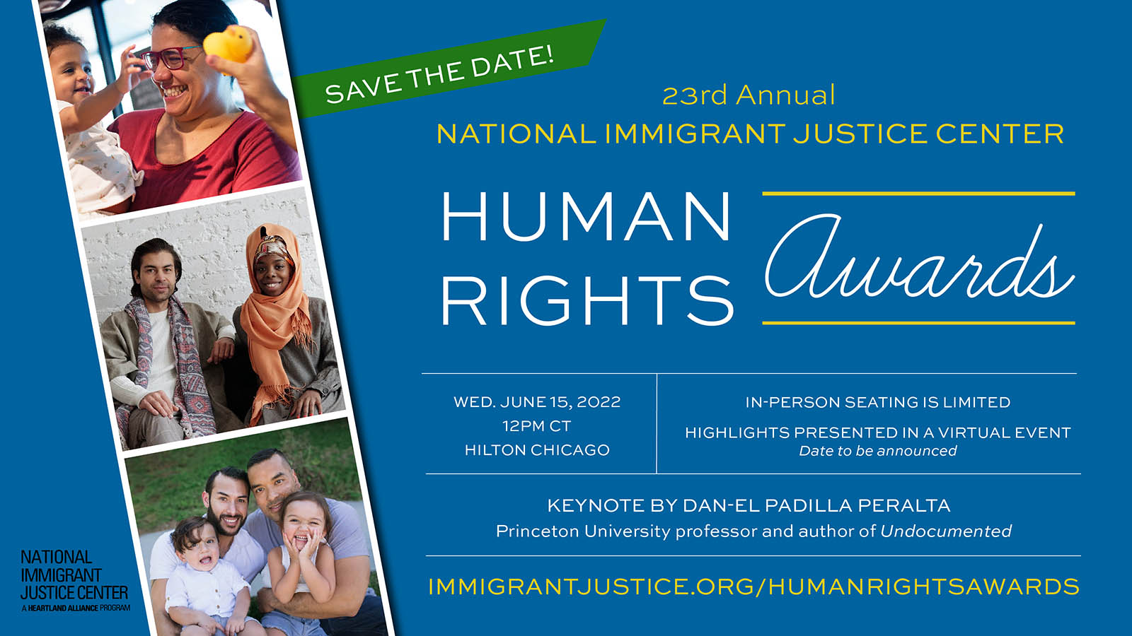 Save the date graphic for the 23rd Annual NIJC Human Rights Awards on June 15, 2022