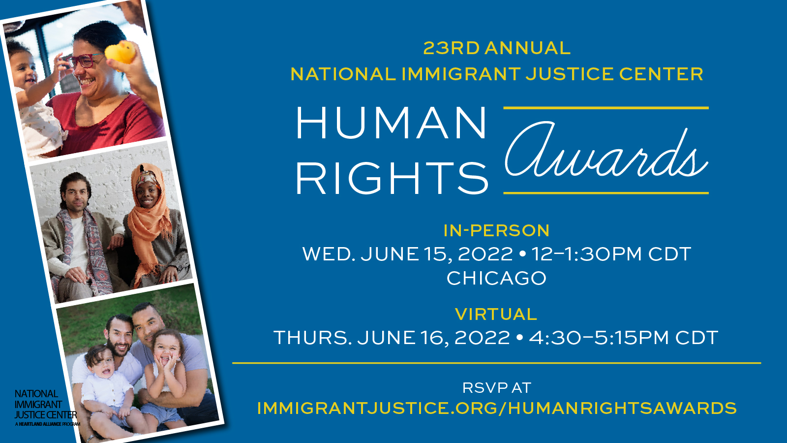 Blue background with collage of photos of people with diverse identities. Text: "NIJC 23rd Annual Human Rights Awards"