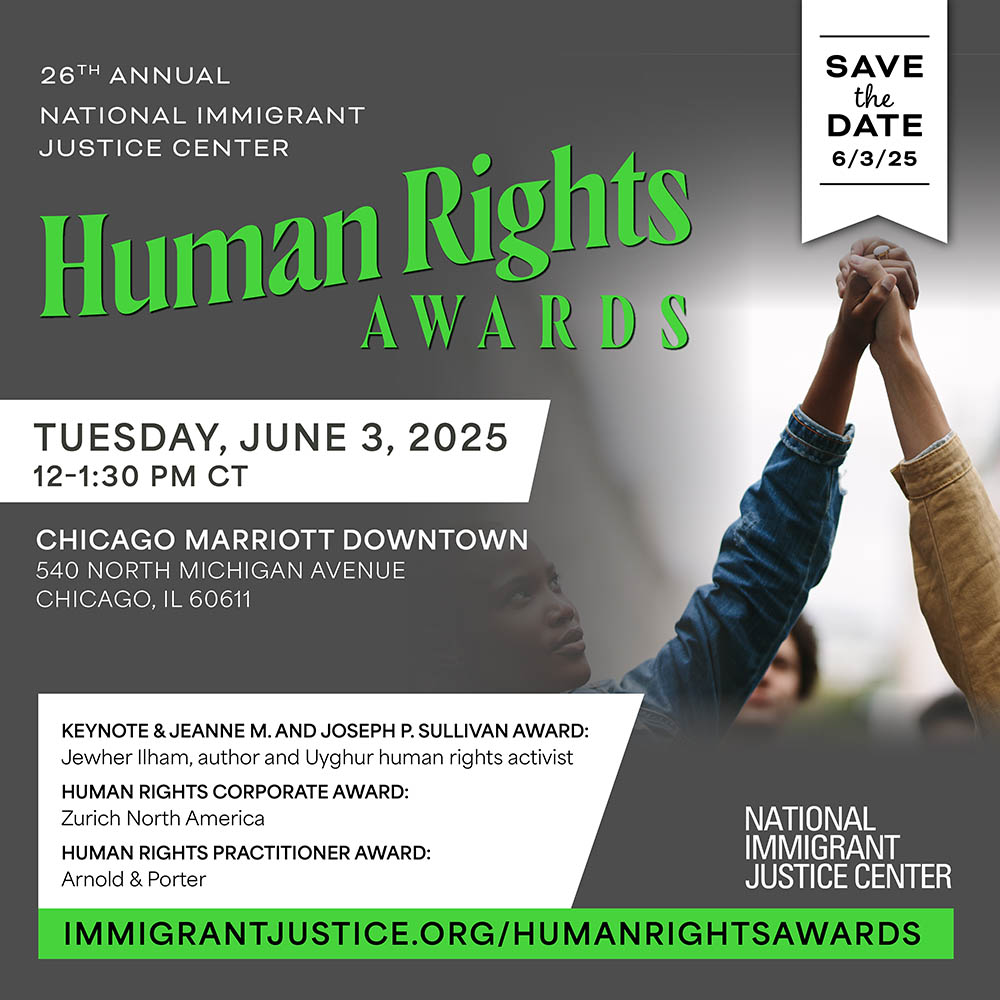 Save the date graphic for the 26th Annual National Immigrant Justice Center Human Rights Awards