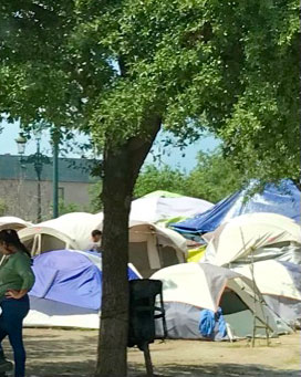 A photo of a half dozen camping tents on dirt ground. In the foreground standsa tree and to the left stands a woman with her back to the camera and face obscured.