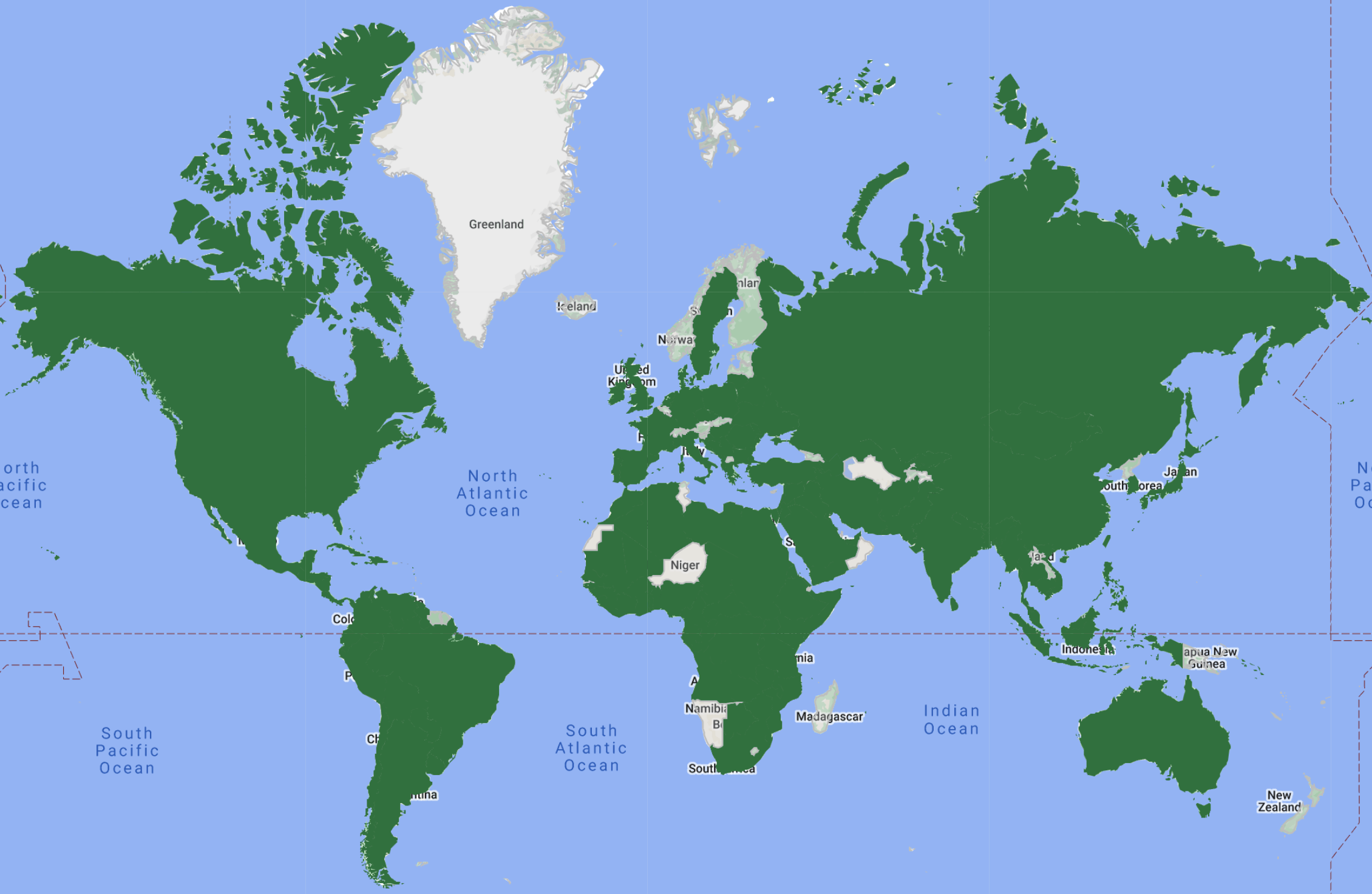 World map with LPF's clients' countries of origin are shaded in dark green.