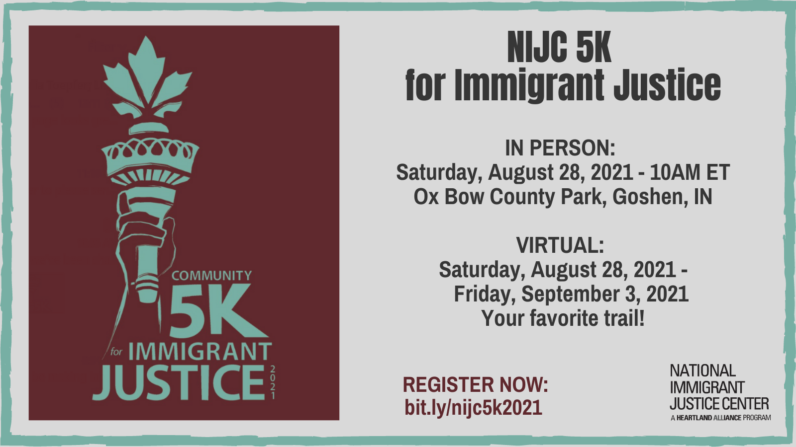 Graphic with arm holding the liberty torch with the flame shaped like a maple leaf. Text says "Community for Immigrant Justice 5K"