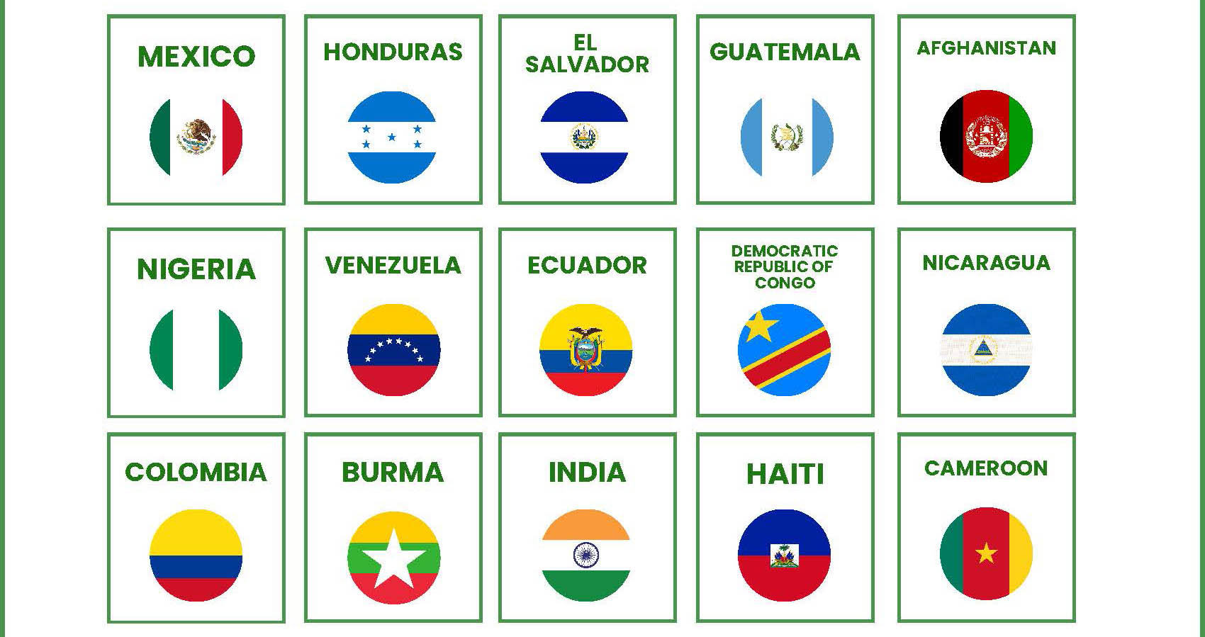 Graphic showing top 15 countries of origin of NIJC's clients. Each country's flag is in its own box outlined in green. The flags represent MEXICO, HONDURAS, EL SALVADOR, GUATEMALA, AFGHANISTAN, NIGERIA, VENEZUELA, ECUADOR, DEMOCRATIC REPUBLIC OF CONGO, NICARAGUA, COLOMBIA, BURMA, INDIA, HAITI, and CAMEROON
