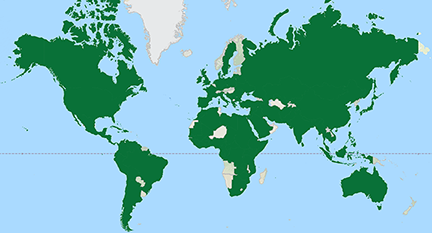 world map with represented countries colored in.