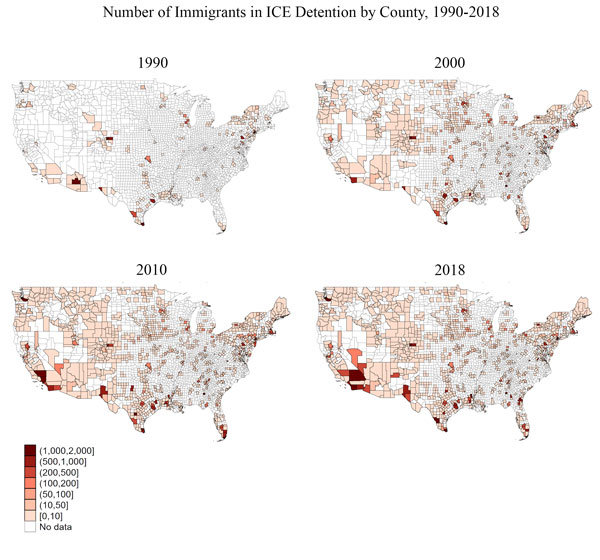 Four maps showing the increasing use of immigrant detention in U.S. counties from 1990 to 2020