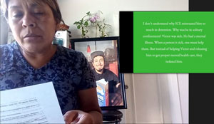 Screenshot of Rosa Lopez presenting during virtual congressional briefing. Behind her is a portrait of her late son Victor. On the right of the frame is a green box with an excerpt of her speech in white text.