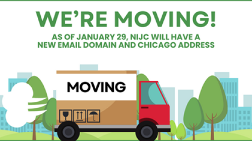 A cartoon moving truck zooms by a cityscape and urban park. Text reads, "We're moving! As of January 29, NIJC will have a new email domain and Chicago address." 