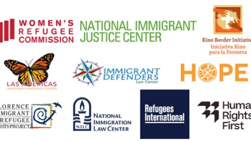 Logos for 10 partner organizations who collaborated to produce a six-week report on the Biden June 2024 asylum ban