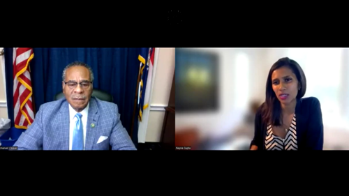 Screenshot from the Chance to Come Home Resolution introduction briefing on July 10 2024. Rep. Emanual Cleaver of Missouri is on the left and NIJC Policy Director Nayna Gupta is on the right.
