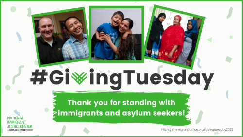 Graphic with text: Thank you for supporting immigrants and asylum seekers on #GivingTuesday! Three boxes have photos of different people smiling- a woman from somalia and her two teenage daughters with bright colored clothing, a gay couple in their living room, and a mother hugging her young son tightly.
