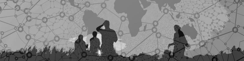 Silhouettes of people standing in a grassy area. The image is overlayed with silhouetts of an image of the globe as well as a web of lines connecting scattered dots, signifying a data network.