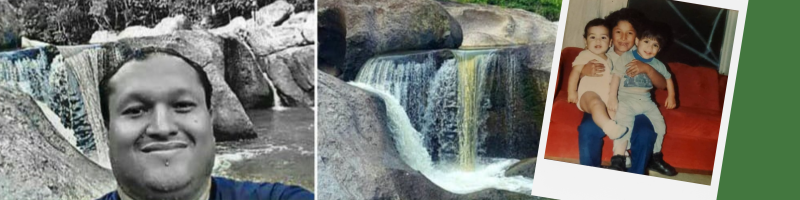 On the right is a snapshot of a young Juan Carlos holding his two younger siblings on his lap. In the background of the image is an outdoor selfie collage photo of Juan Carlos, now older, alone and smiling at the camera in front of a waterfall..