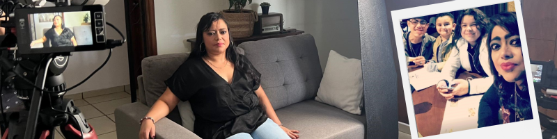 On the right is a snapshot of a selfie of Vanessa and her children sitting around a table. In the background of the image is Vanessa sitting in front of a camera during her interview for the short film, A Chance to Come Home