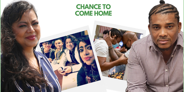 On the left is a profile of a woman from El Salvador and on the right a man from Jamaica, both looking forward deeply. In between are polaroid snapshots of them with their families. Above is green text reading, "Chance To Come Home".