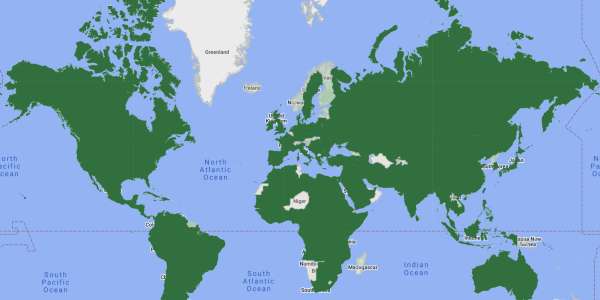 World map with LPF's clients' countries of origin are shaded in dark green.