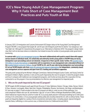Cover image of a June 2023 policy brief on ICE's young adult case management program.