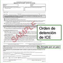 Ejemplo de una orden de detencion de ICE, que incluye texto que indica que no está firmada por un juez