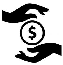 Illustration of two hands passing a coin with a dollar sign.