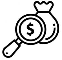 Illustration of a money bag with a magnifying glass. A dollar sign is in the center of the glass.