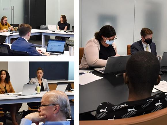 Collage of three pictures showing attorneys sitting at a table with clients talking