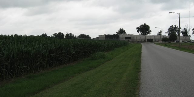 A road lined with cornfields leads to a county jail in the distance.
