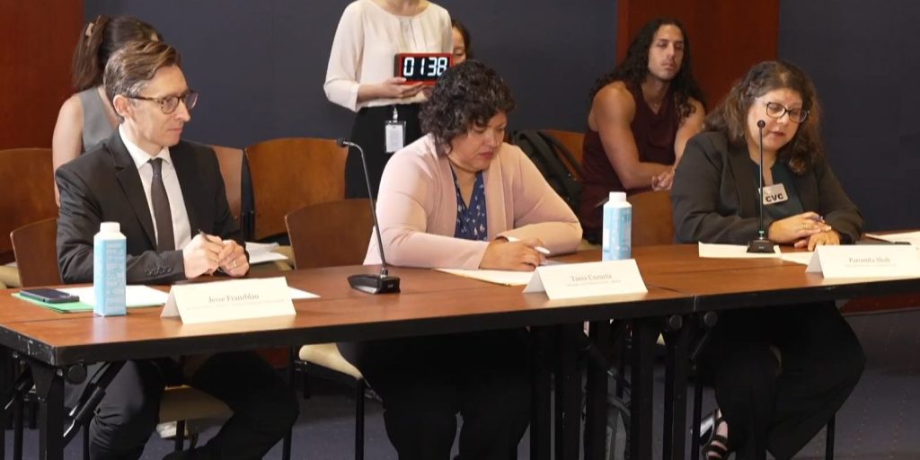 Jesse Franzblau, Tania Unzueta, and Paromita Shah sit at a long wooden table with name plates to testify.