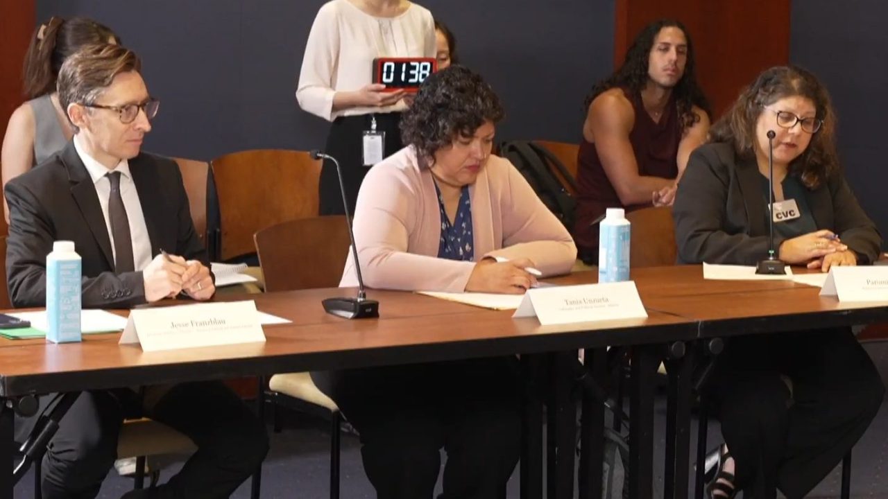 Jesse Franzblau, Tania Unzueta, and Paromita Shah sit at a long wooden table with name plates to testify.