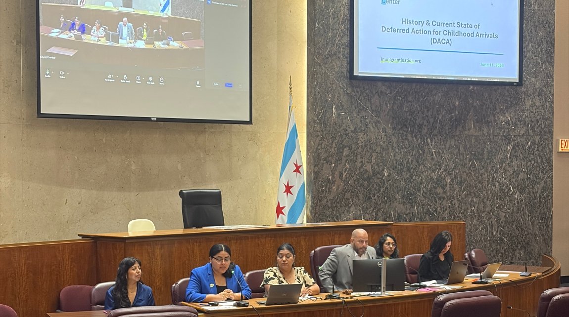 NIJC’s Associate Director of Government Relations Cecilia Mendoza testifies about the history of the DACA program and the attacks on the program at a hearing held by the the Chicago Committee of Immigrant and Refugee Rights on June 11, 2026.