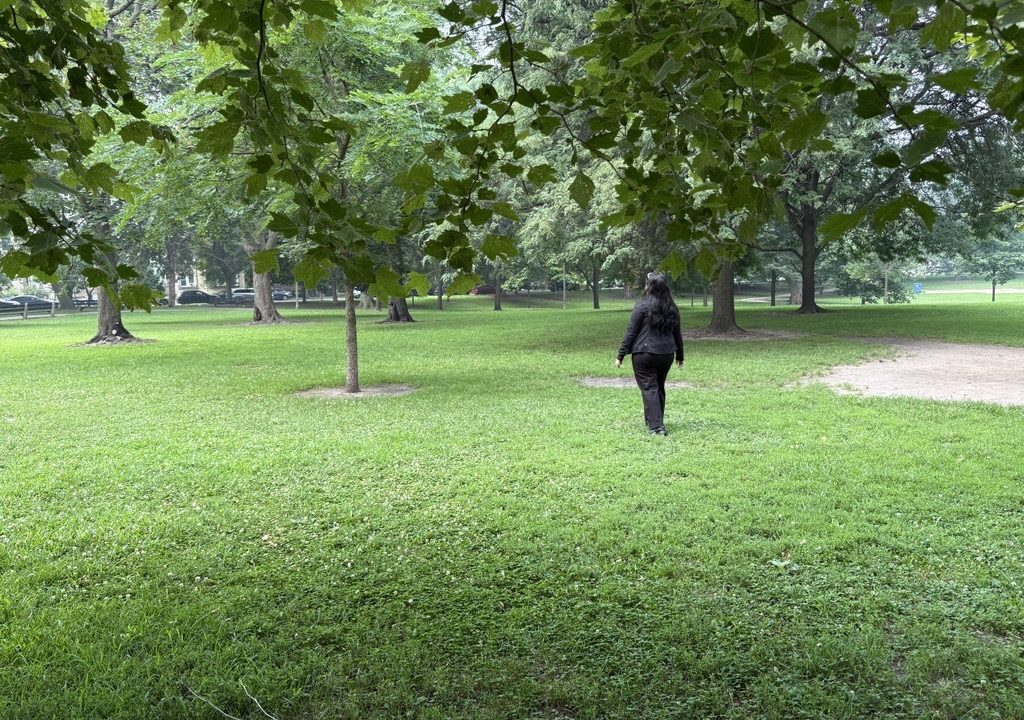 A woman in dark clothing walks in a neighborhood park with lush green trees and grass. She is facing away from the camera.